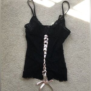 Vintage Floral Lace Tank - Sheer Lace with Pink Silky Ribbon Tie
